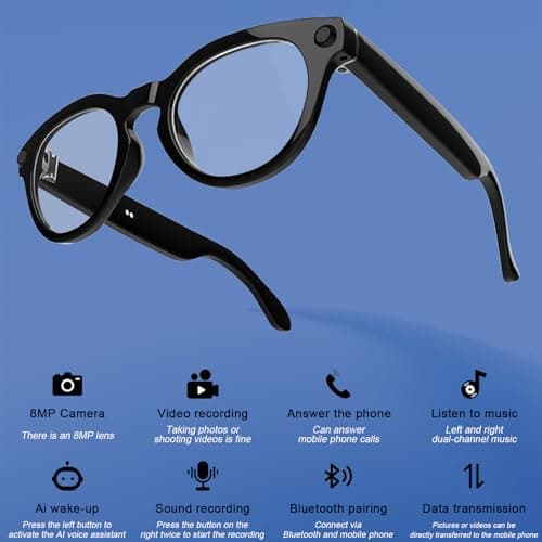 SZXWL AI Smart Glasses with Camera, 8MP Anti-Shake Camera Glasses, Voice Assistant, Supports Photo/Video/Audio Recording, with AI Assistant/AI Translation/Bluetooth Calling (Anti-Blue Light Glasses) - Thumbnail 2
