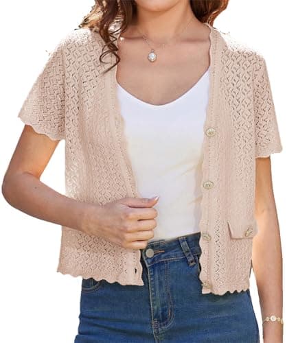 Women's Cropped Cardigan Sweaters Summer 2025 V Neck Button Down Knit Shrug Soft Sweater Tops Apricot - Image 1