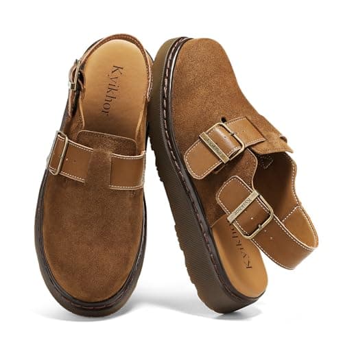KYIKHOR Women's Suede Leather Loafer Slip-Ons|Genuine Suede Clogs for Women|Comfort Footbed Leather Mules Potato Shoes with Back Strap|Cute Office Casual Dress Shoes Brown,9 M US - Image 1