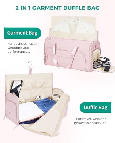 WANDF Convertible Garment Bags for Travel with Wet Pocket Carry on Garment Duffle Bag 2 in 1 Puffy Hanging Clothes Travel Bags with Shoe Compartment for Airplanes Business Weekend Gym Wedding (Pink) - Thumbnail 3