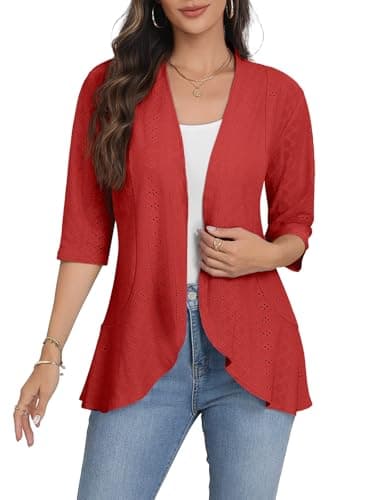 Askyes Womens Casual 3/4 Sleeve Eyelet Cardigan Lightweight Fashion Soft Loose Open Front Work Shrugs Cardigans,Red,M - Image 1