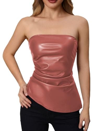 MakeMeChic Women's Leather Corset Tops Strapless Tube Asymmetrical Ruched Backless Crop Going Out Tops Dusty Pink X-Small - Image 1