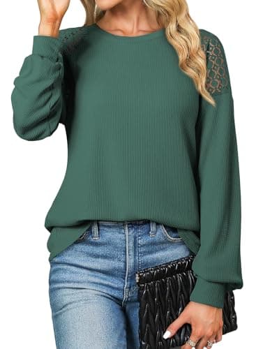 EVALESS Womens Waffle Knit Tops Dressy Business Casual Work Lace Patchwork Spring Fall Tops for Women 2025 Trendy Crewneck Long Sleeve Basic T Shirts Loose Fit Clothes Outfits Green Small - Thumbnail 2