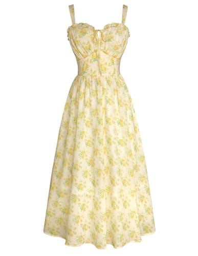 Floral Corset Dress for Women Summer Long Yellow Dress Milkmaid Flowy Sundress Yellow XL - Image 1