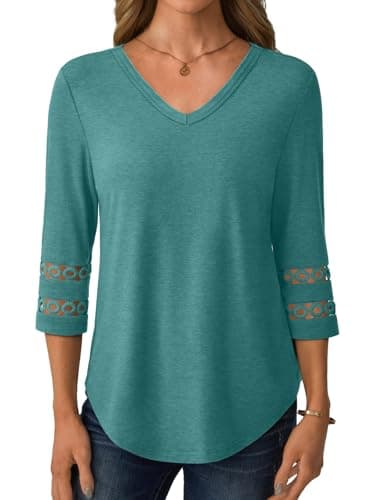 GKBK 3/4 Length Sleeve Womens Tops Dressy Casual Blouses for Women 2026 Trendy Lace Tunic Business V Neck Outfits Loose Fit Tshirts Shirts Fall Summer Clothes Cyan M - Thumbnail 2