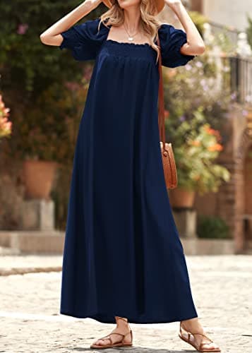 KIRUNDO Women 2026 Summer Maxi Dress Casual Loose Puff Sleeve Square Neck Maternity Flowy Long Beach Dresses with Pockets(Navy, Large) - Thumbnail 4