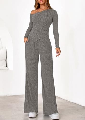 PRETTYGARDEN Fall Two Piece Sets For Women 2026 Off Shoulder Tops Long Pants Knit Matching Lounge Set Airport Travel Outfits(Grey,XX-Large) - Thumbnail 2