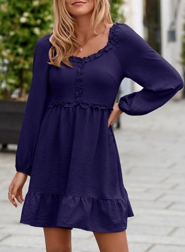 Dokotoo Casual Dresses for Women 2025 Fall Sweetheart Neck Long Sleeve Empire Waist Dress Ruffle Smocked A-line Flowy Elegant Dress Navy Blue Medium - Thumbnail 3