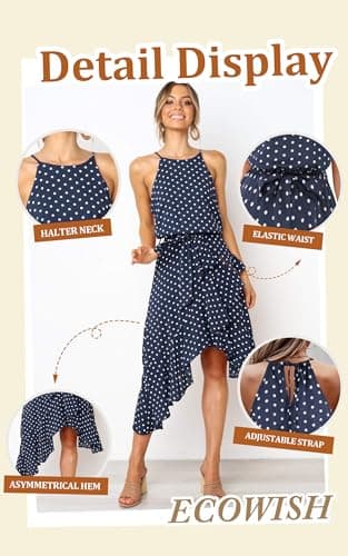 ECOWISH Polka Dot Women Summer Dress Midi A Line Ruffle High Low Sleeveless Boho Floral Halterneck Cocktail Tie Knot Sundress Blue Medium - Thumbnail 4
