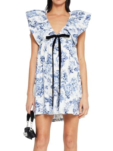 hibshaby Women's Floral Print Mini Dress V Neck Puff Sleeve Dresses Short Babydoll Bow Dress Blue M - Image 1