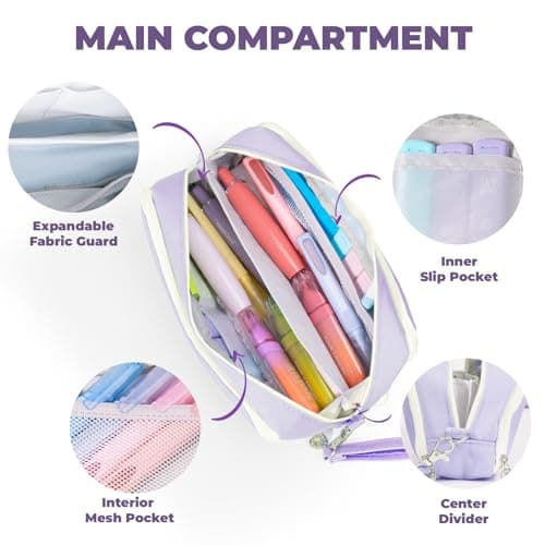 Four Candies Puple Pencil Case 3 Compartment Pouch, Large Pencil Case for School, Girls, Teen Boys, Women, Puple, Removable Handle & Zipper, Cute Pencil Bag for Office, College - Thumbnail 5