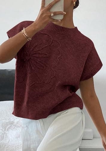 PRETTYGARDEN Women's 2026 Spring Sweater Vest Trendy Flower Knit Short Sleeve Cute Pullover Tank Tops Summer Fashion Clothing (Red Brown,Medium) - Thumbnail 2