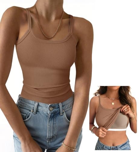 GKBK Women's Sleeveless Built in Bra Tank Top Form Fitting Scoop Neck Ribbed Knit Basic Padded Cami Shirts Brown S - Image 1