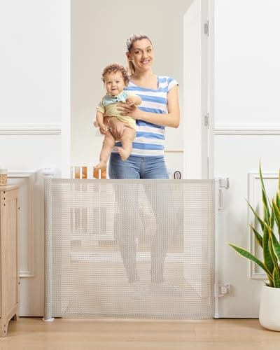 Attababy Retractable Baby Gate, Exquisite Rattan Mesh, 33" Tall, Expands to 55" Wide, Dog Gate for Stairs, Doorway, Hallway, Indoor/Outdoor Pet Fence, Walk-Through Design with No Bottom Bar, Beige