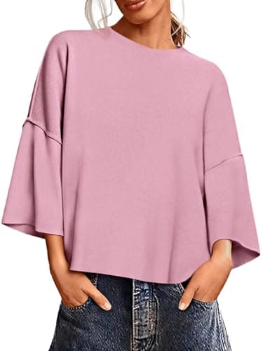 Saodimallsu Womens 3/4 Sleeve Sweaters Lightweight Crewneck Loose Pullover Casual Oversized Fall Knit Tops Pink - Image 1