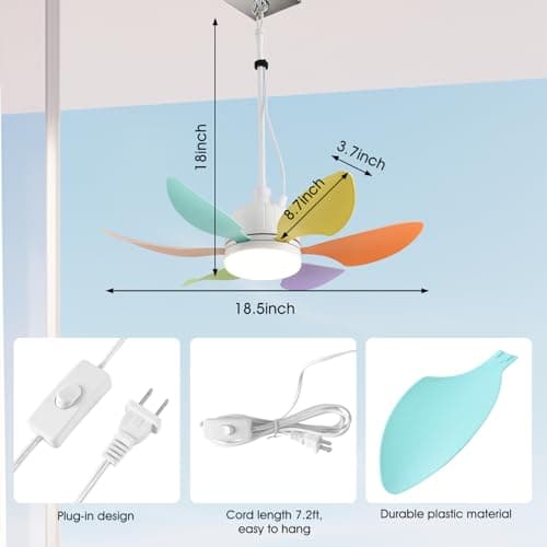 AHAWILL 18.5" Gazebo Fan,Outdoor Plug in Ceiling Fans with Lights,3 Color Dimmable 3 Fan Speeds,Portable Hanging Ceiling Fan for Patios,Tent,Indoor.Colorful Blades - Thumbnail 4