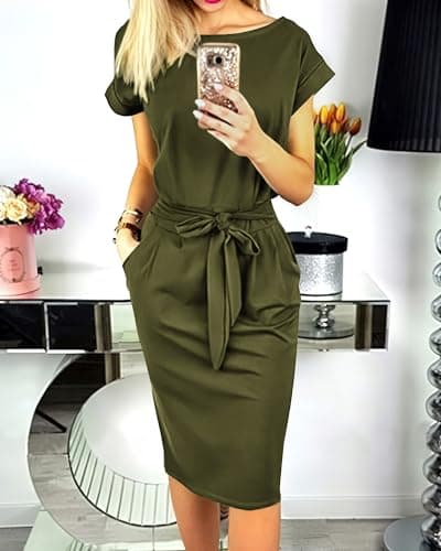 PRETTYGARDEN Women's Summer Short Sleeve Crewneck Striped Dress Basic Solid Tie Waist Office T Shirt Dresses Pockets(Army Green,Small) - Thumbnail 2