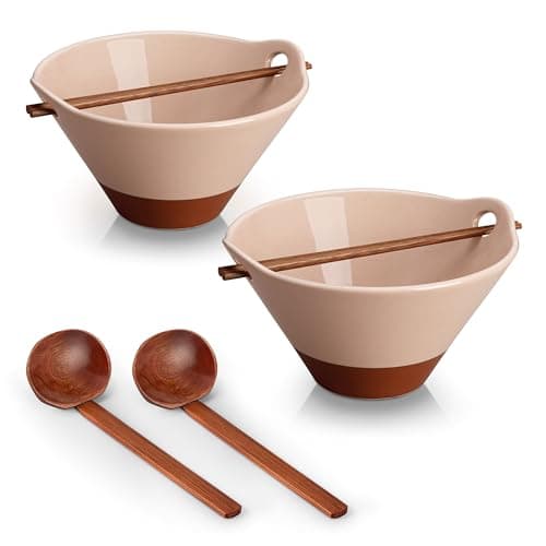 MALACASA 42 oz Ceramic Ramen Bowl Set with Wooden Spoon & Chopsticks, Japanese Style Soup Bowls for Ramen, Pho, Noodles – Set of 2, Microwave & Dishwasher Safe, Series TARA (Pink and Khaki) - Image 1