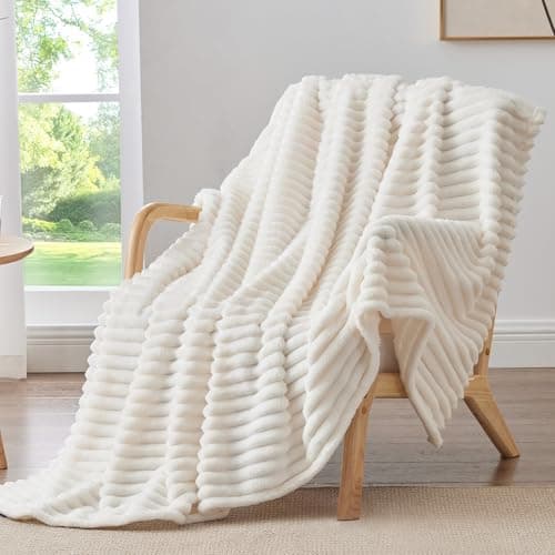 BEDELITE Twin Blanket for Couch & Bed, 300GSM Soft & Warm Fleece Blanket, Decorative and Giftable Striped Cream White Blankets for Women, Men, 60"x80" - Image 1