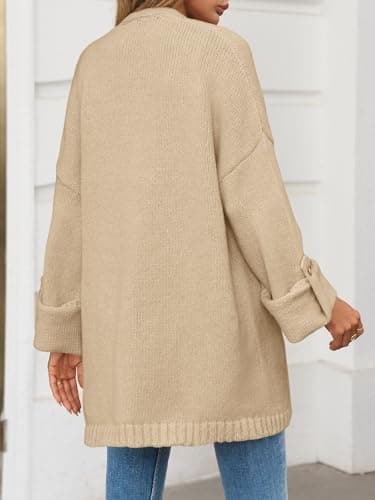 Saodimallsu Womens Oversized Long Cardigan Sweaters Casual Open Front Chunky Knit Slouchy Fall Trendy Sweater Coats Khaki - Thumbnail 5