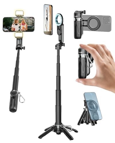 USKEYVISION Magnetic Pocket Selfie Stick for iPhone with Light for MagSafe 4 in 1 Portable Pocket Phone Tripod for iPhone & Android W/Rechargeable Remote, Removable Phone Clip, Video Recording(MPT-02) - Image 1
