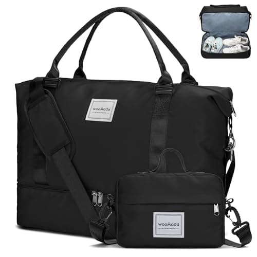 WOOMADA Weekender Overnight Bag for Women, Shoulder Travel Duffel with Shoes Compartment,Gym Bag with Toiletry Bag Large Size(black) - Image 1