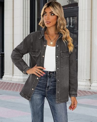 luvamia Ladies Jean Jacket Denim Shirt Women Black Jean Jacket Womens Jackets Trendy Womens Jackets Fall Casual Tops For Women Summer Oversized Denim Jacket Women Size X-Large Size 16 18 - Thumbnail 2