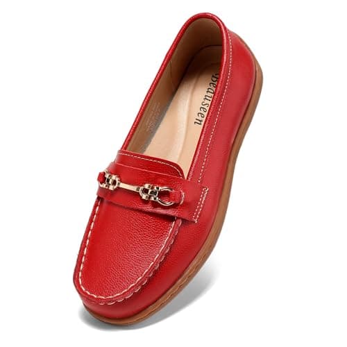 BEAUSEEN Women's Buckles Penny Loafer with Dressy Comfortable Slip-on Flat Shoes for Office Work Walking Red,10.5 US