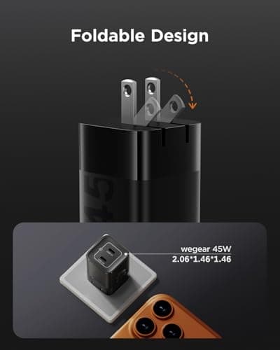 wegear 45W USB C Charger, 2 Port GaN Fast Charging with PPS, Foldable Wall Charger Block for iPhone 17/16/15, iPad, Galaxy S25/S24, Pixel 10/9 (Black) - Thumbnail 4