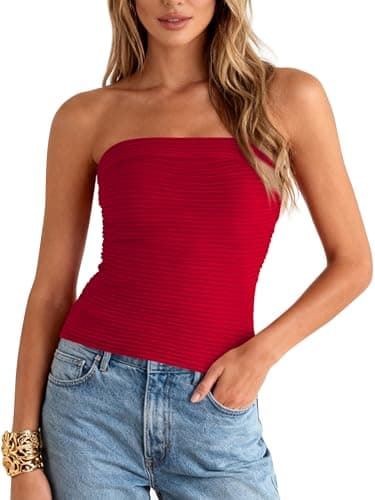 MASCOMODA Womens Strapless Tube Top Y2K Ribbed Knit Sleeveless Bandeau Tank Tops Sexy Going Out Sweaters Party Summer Outfits(Red,Medium) - Image 1