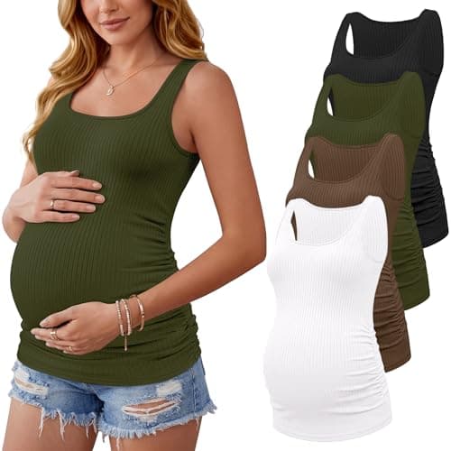 Ekouaer 4 Pack Maternity Tank Tops Ribbed Summer Pregnancy Shirts Ruch Side Tops Casual Square Neck Postpartum Clothes Black/Olive Green/Brown/White M - Image 1