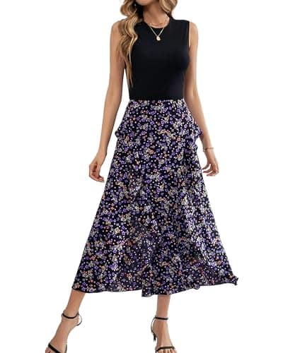 BTFBM Women Casual Sleeveless Summer Dresses 2025 Spring Crewneck Patchwork Boho Floral Ruffle Cocktail Party Midi Dress(Floral Purple, Small) - Image 1