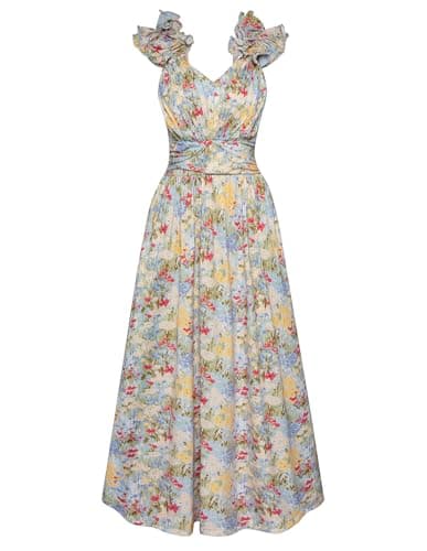 GRACE KARIN 2025 Women's Summer Floral Print Dress Sleeveless Casual Flowy Sundress A Line Ruffle Wedding Guest Outfit Blue Yellow Floral 2XL - Image 1