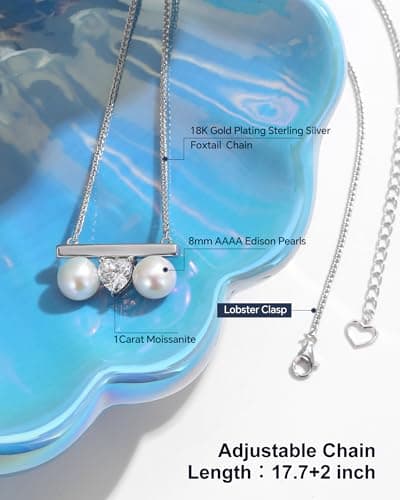 N9NEMUSES Valentines Day Gifts for Her, 8mm AAAA+ Real Edison Pearl Necklace for Women, 925 Sterling Silver Necklace with Moissanite, Anniversary Birthday Jewelry Gift for Mom Wife Her Girlfriend - Thumbnail 3