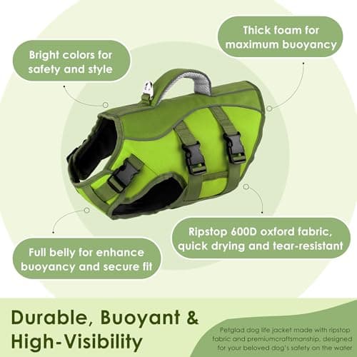 Dog Life Jacket, High Buoyancy Dog Life Vest with Handle for Swimming Boating, Adjustable Swimming Vest with Reflective Trim for Small Medium Large Dogs - Army Green, L - Thumbnail 2