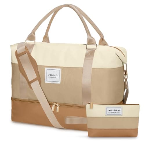 WOOMADA Weekender Bag for Women, Large Carry On Bag with Shoe Compartment, Hospital Labor & Delivery Overnight (Beige&Khaki) - Image 1