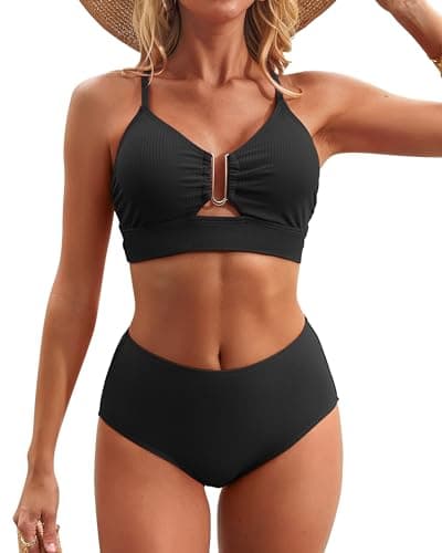 Charmo Ribbed High Waist Bikini Sets for Women Modest Sporty Push up Keyhole 2 Piece Bathing Suit Black S - Image 1