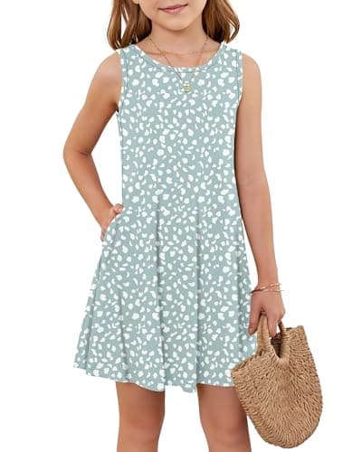 Girls Sleeveless Summer Dress Kids Crewneck Casual Mini Floral A Line Beach Sundresses with Pockets 5-14 Years Green Spot M - Image 1