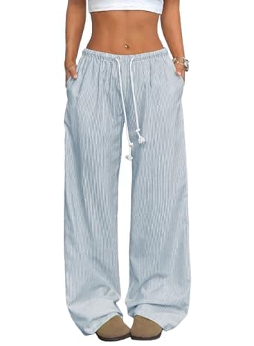 AlvaQ Womens Plus Size Fashion Striped Wide Leg Pants Winter Casual Loose Pajamas Lounge Bottoms Trousers with Pockets Sky Blue 3X - Image 1