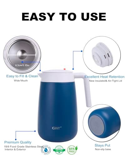 GiNT 54Oz/1.6L Thermal Coffee Carafe Wide Mouth - Double Wall Vacuum Insulated Stainless Steel Beverage Dispenser with Safety Lock | 12H Hot & 24H Cold Retention (Blue) - Thumbnail 4