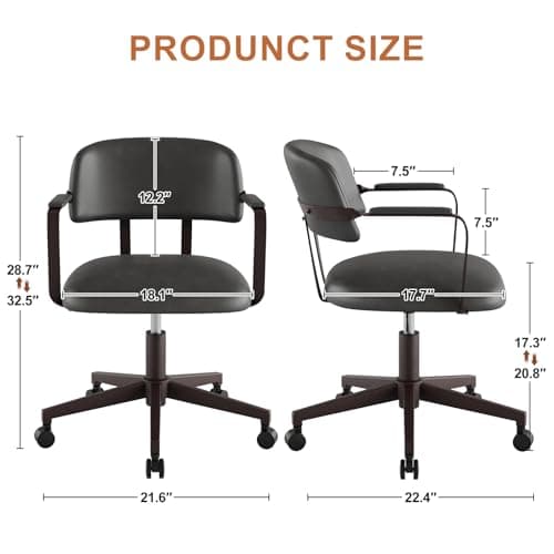 BERYTH Home Office Desk Chair, Mid-Century Modern Desk Chair with Padded Arms, Adjustable Seat Height, Mid Back 360° Small Computer Chair with Mobile Mute Wheel, PU Leather (Dark Grey) - Thumbnail 3
