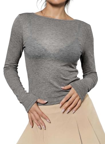 EVALESS Long Sleeve Shirts for Women 2026 Casual Light Sheer Knit Tops Spring Summer Boat Neck Going Out Tops Wool Blend Slim Fit T Shirts Basic Tees Gray Large - Image 1