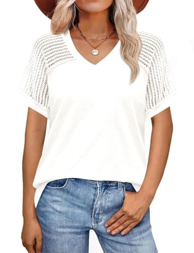 JUSTFASHIONNOW Women's Summer Tops Dressy Casual Short Sleeve V Neck T Shirts Trendy 2025 Cute Ladies Blouses Business Outfits White S - Image 1