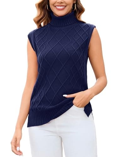 Totatuit Women's Turtle Neck Knit Sweater Vest Sleeveless Casual Trendy Summer Ribbed Pullover Tank Tops(Navy Blue, X-Large) - Image 1