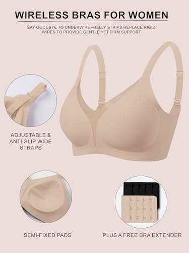 COCOMARTS Jelly Bras for Women No Underwire Push Up Deep V Mesh Comfort T Shirt Bralette Wireless Seamless Everyday Bra Nude 3X-Large - Thumbnail 4