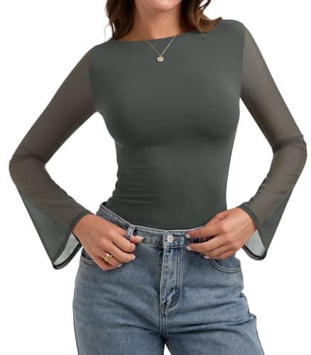PINKMSTYLE Sheer Mesh Flared Sleeve Tops for Women Boat Neck Long Sleeve Ruched Shirt Club Outfits Grey Green XX-Large - Image 1