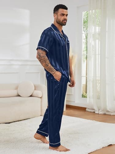 DEARCASE Mens Satin Silky Pajama Set Navy Blue Stripe Medium Short Sleeve Soft Sleepwear Button Down Loungewear Long Pants with Pockets and Drawstring - Thumbnail 3