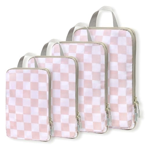 WOOMADA Compression Packing Cubes for Suitcases Travel Essentials 4 Set Expandable Travel Bags Organizer for Luggage(pink checkerboard) - Image 1