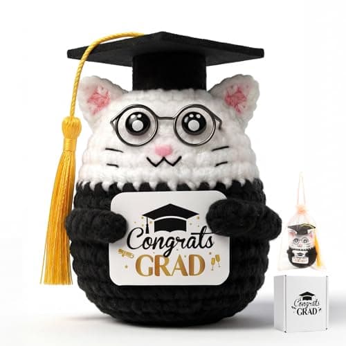 NIUBEHOHO Crochet Graduation Gifts Graduation Cat - Handmade Mini Kitties Crochet Animal with Congrats Grad Card Graduation Box Mesh Bag for 2026 Graduate Perfect Grad Gifts for Graduate Women Men