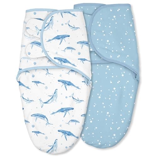 CIVARUA KIDS Baby Swaddles for Newborn Organic Cotton,Soft & Snug Newborn Velcro Swaddle 0-3 Months Sleep Sack Helps Calm Startle Reflex, 2-Pack Wrap Nursery Swaddling Blankets Whale - Image 1